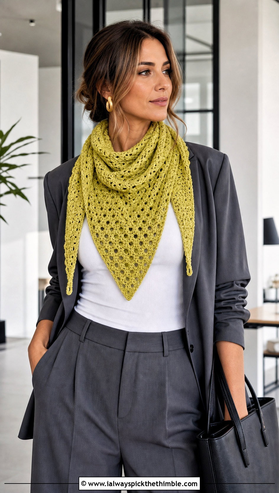 Triangle V Stitch Scarf With Blazer - 20 crochet v stitch scarf outfit ideas