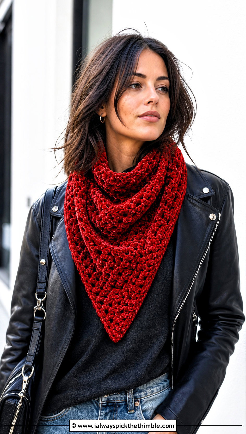 Triangle Velvet Crochet Scarf With Leather Jacket - 20 Velvet Crochet Scarf outfit ideas