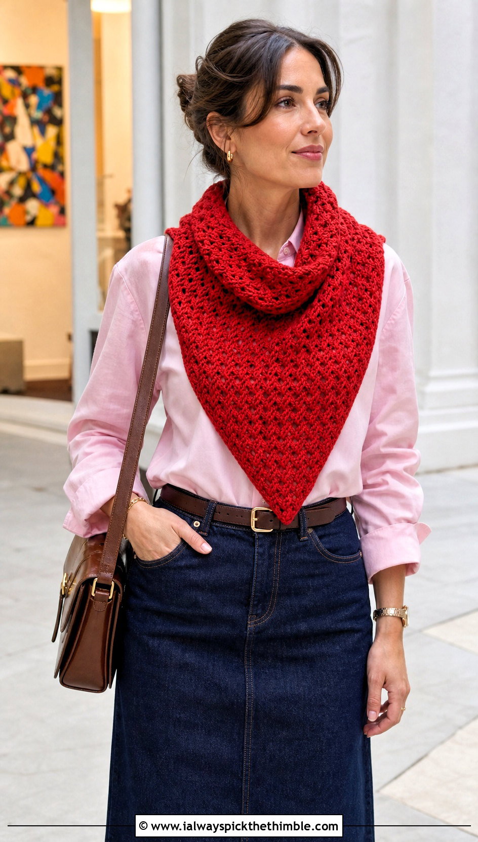 Triangle Waffle Crochet Scarf With Button Down Shirt And Denim Skirt - 20 Waffle Crochet Scarf outfit ideas