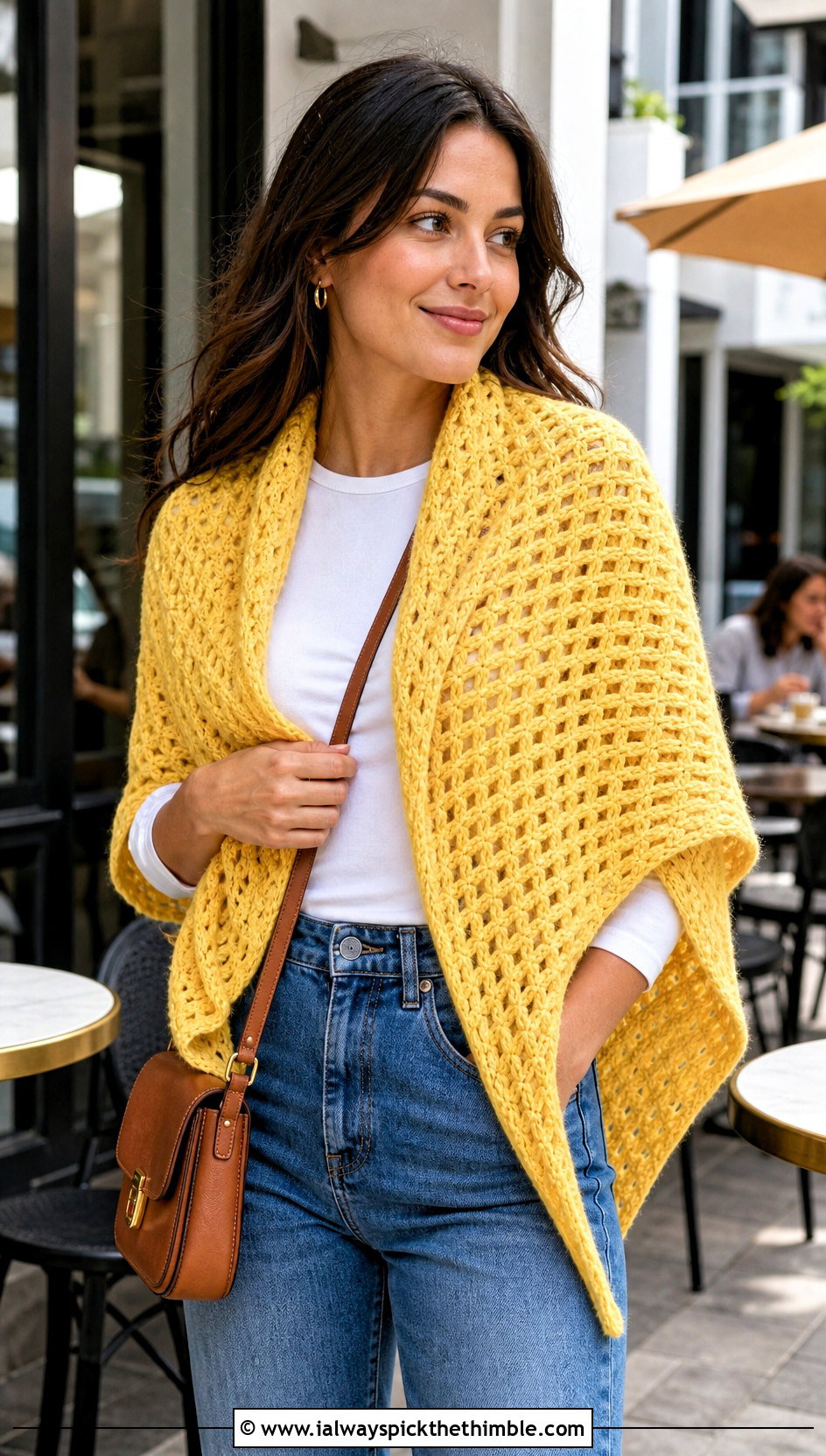 Triangle Waffle Crochet Shawl With Straight Jeans - 15 Waffle Crochet Shawl outfit ideas