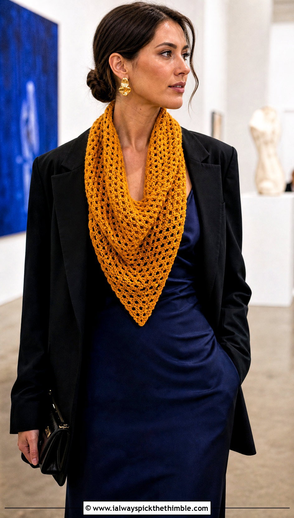 Triangle Waffle Stitch Crochet Scarf With Slip Dress And Blazer - 20 waffle stitch crochet scarf outfit ideas