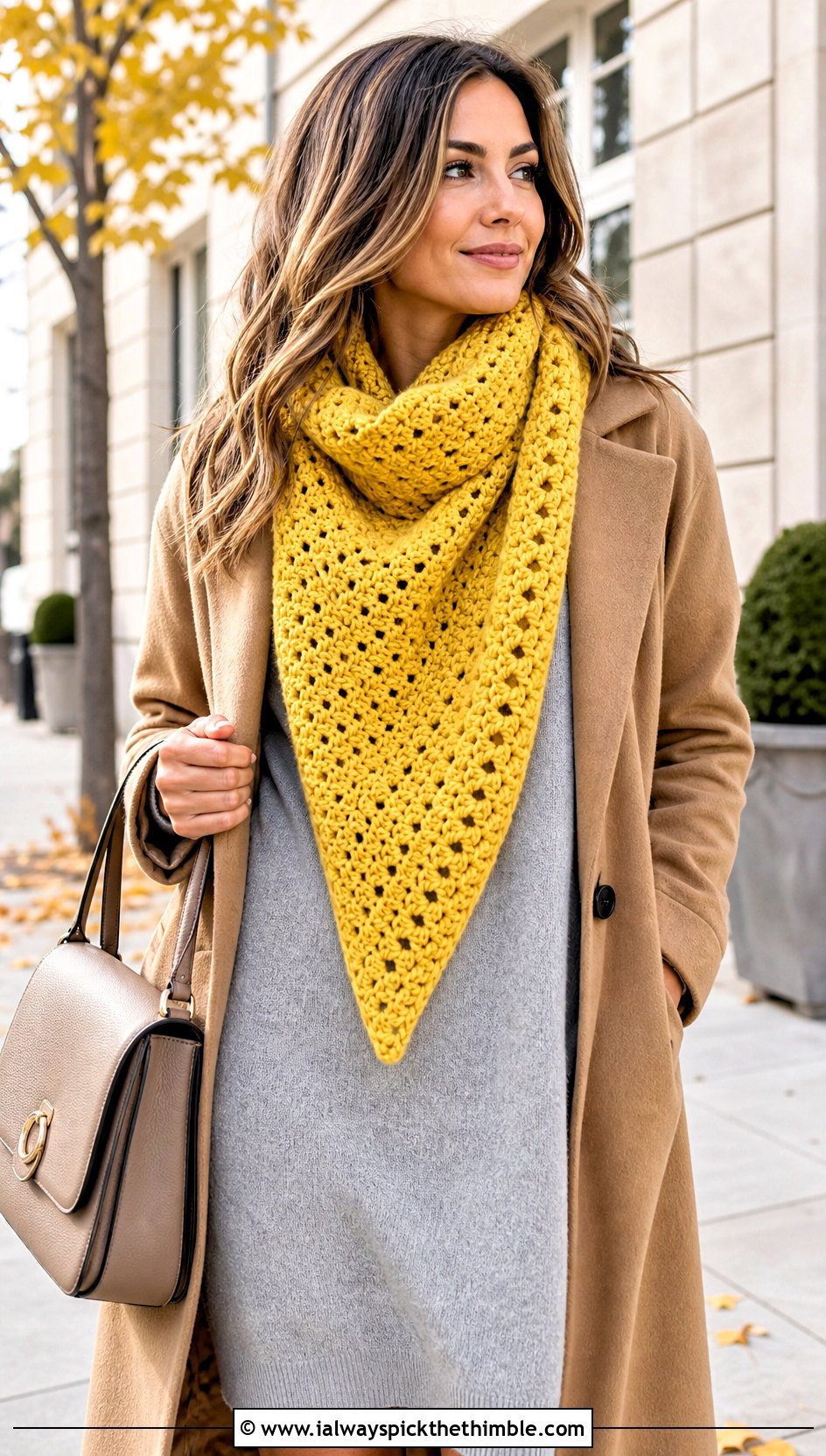 Triangle Wrap Wool Ease Crochet Scarf With Sweater Dress - 15 wool ease crochet scarf outfit ideas