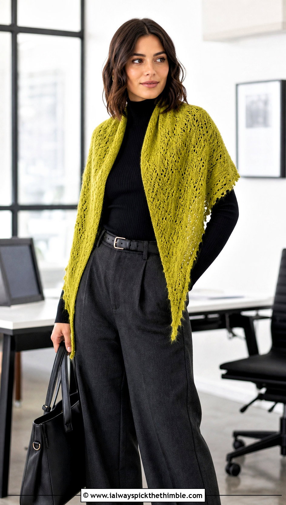 Triangular Feather Stitch Shawl With Tailored Trousers - 20 crochet feather shawl outfit ideas