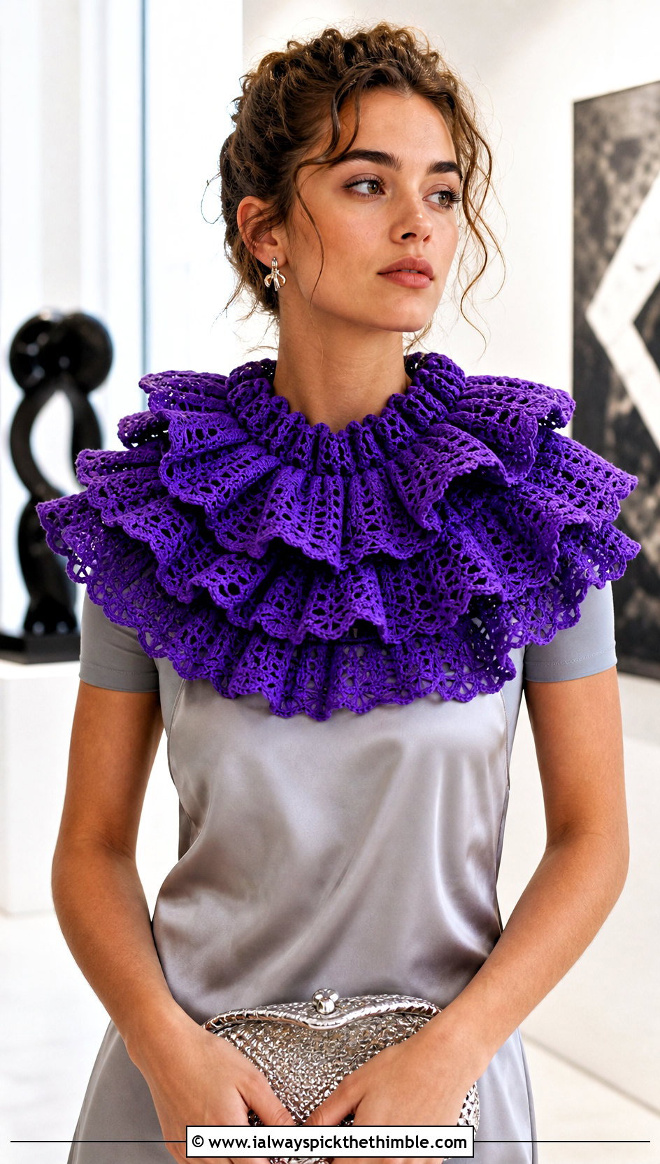 Triple Layer Ruffle Crochet Clown Collar With Satin Slip Dress - 25 crochet clown collar outfit ideas