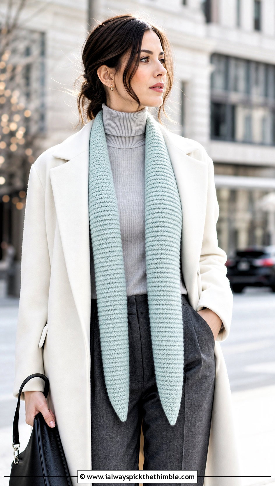 Tubular Pencil Crochet Scarf With Long Coat - 20 Pencil Crochet Scarf outfit ideas