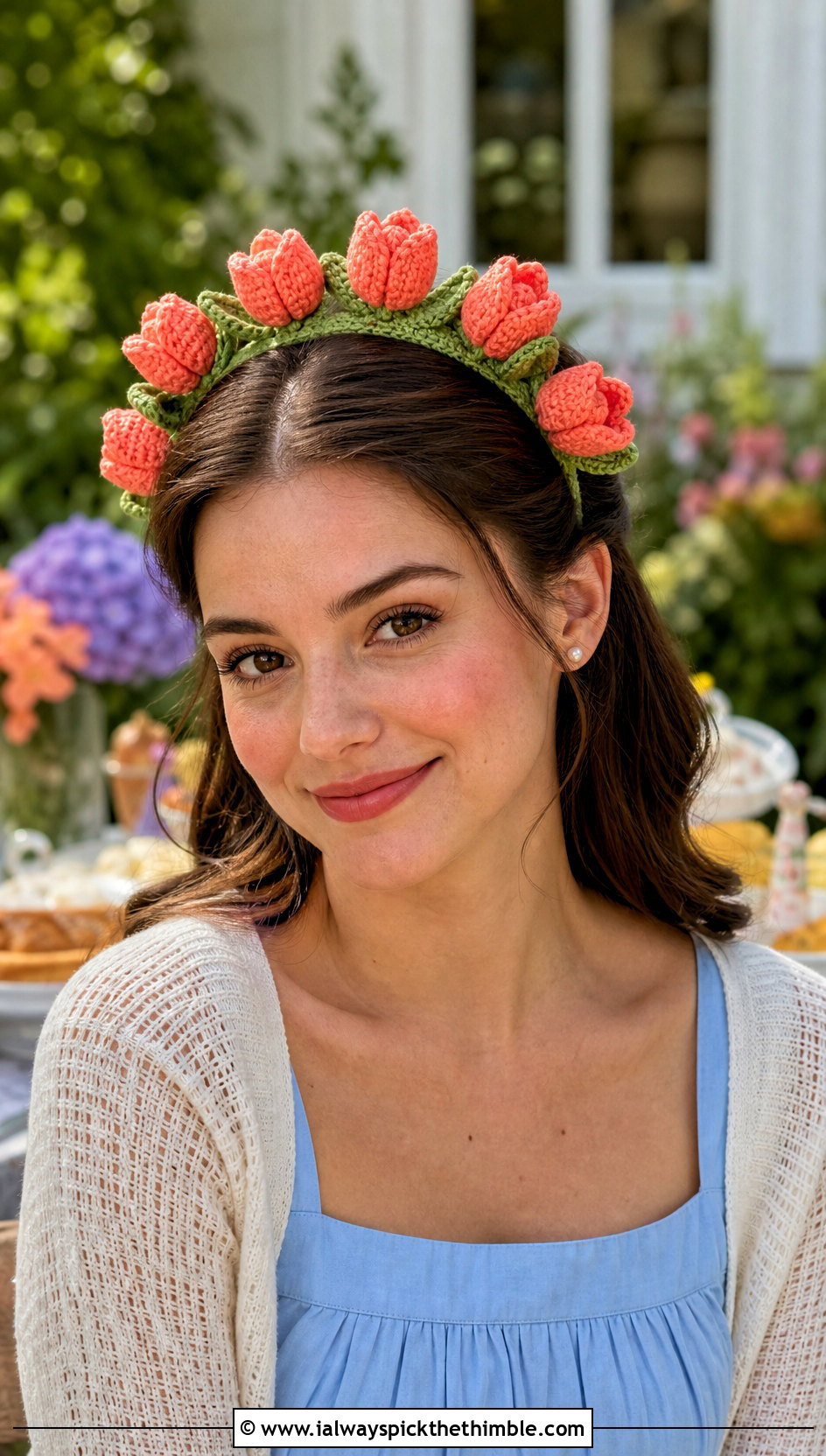 Tulip Crochet Flower Crown Headband With Garden Party Dress - 20 crochet flower crown headband outfit ideas