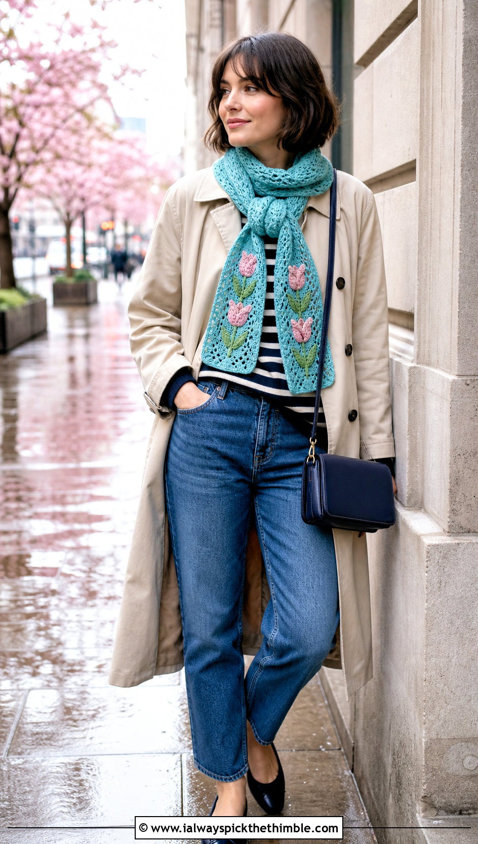 Tulip Crochet Scarf With Trench Coat And Straight Jeans - 20 crochet scarf with flowers outfit ideas