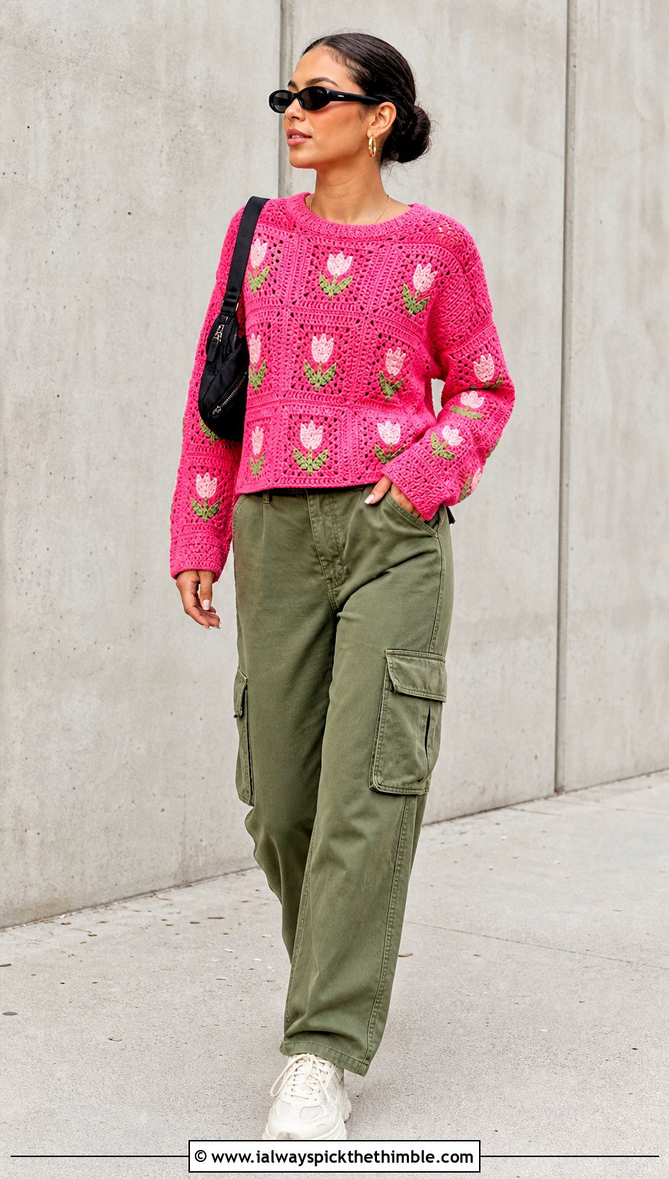 Tulip Granny Square Sweater With Cargo Pants - 20 Tulip Crochet Sweater outfit ideas