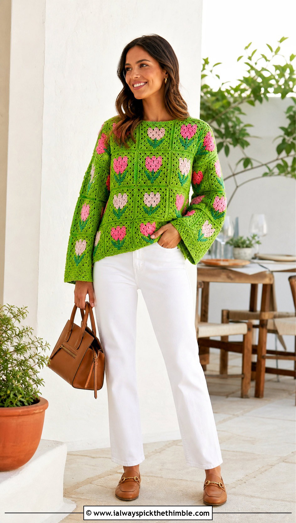 Tulip Mosaic Crochet Sweater With White Jeans - 20 Tulip Crochet Sweater outfit ideas