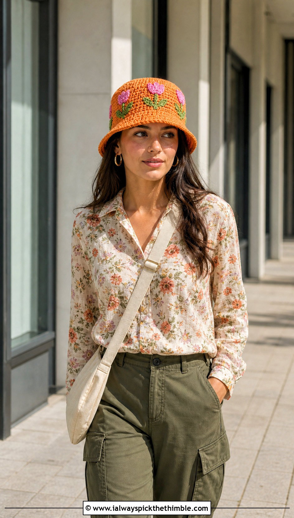 Tulip Motif Crochet Bucket Hat With Floral Blouse And Cargo Pants - 15 crochet bucket hat with floral outfit ideas