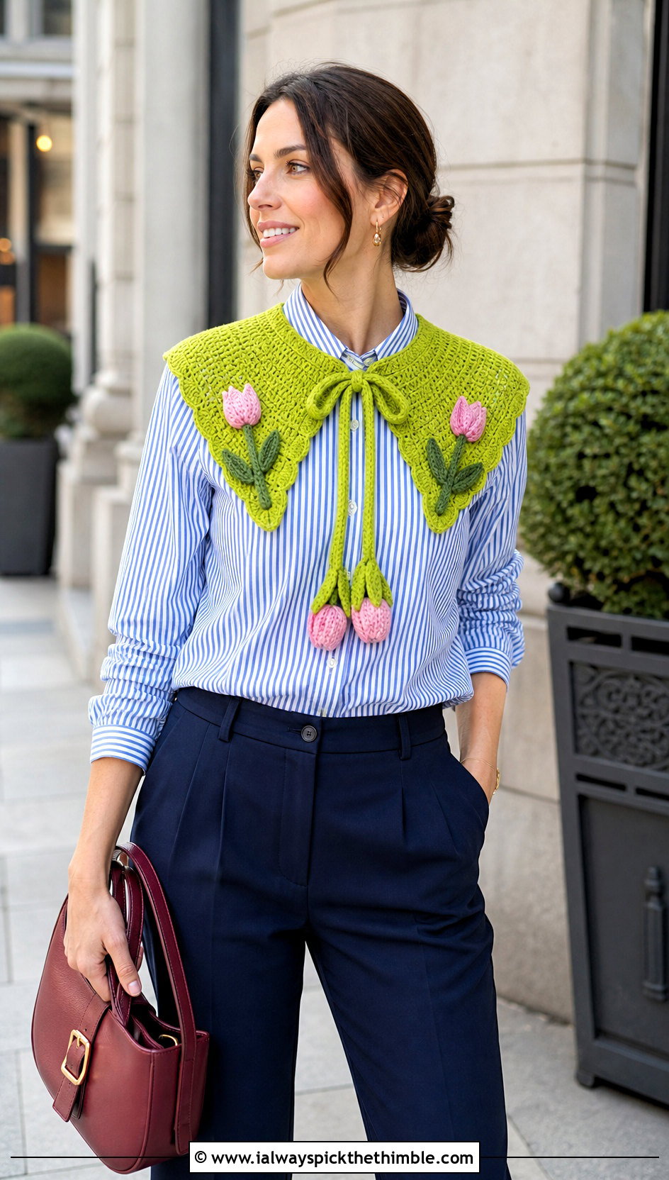 Tulip Motif Tie Collar With Striped Shirt - 15 handmade floral crochet collar outfit ideas