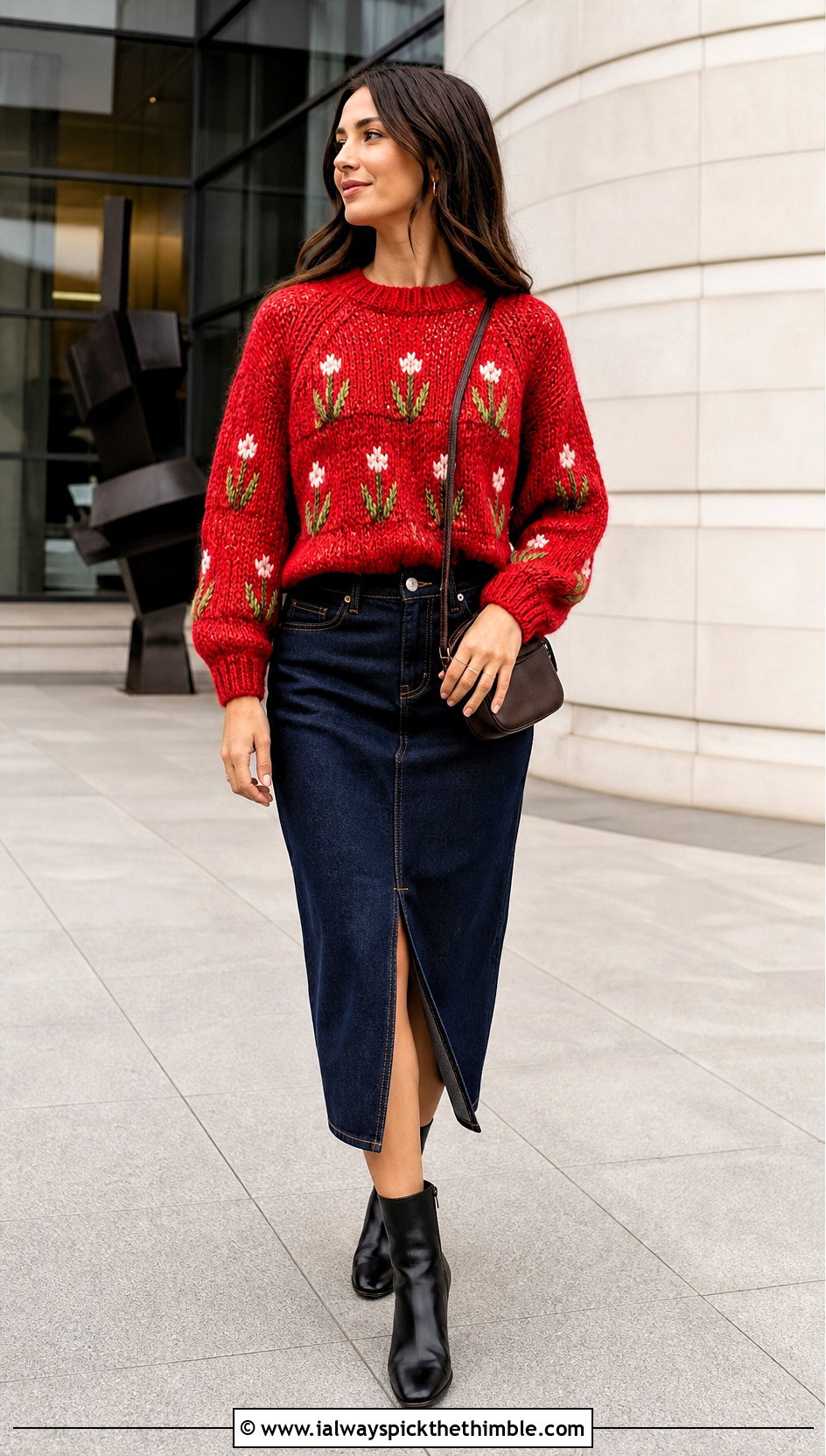Tulip Raglan Crochet Sweater With Denim Midi Skirt - 20 Tulip Crochet Sweater outfit ideas