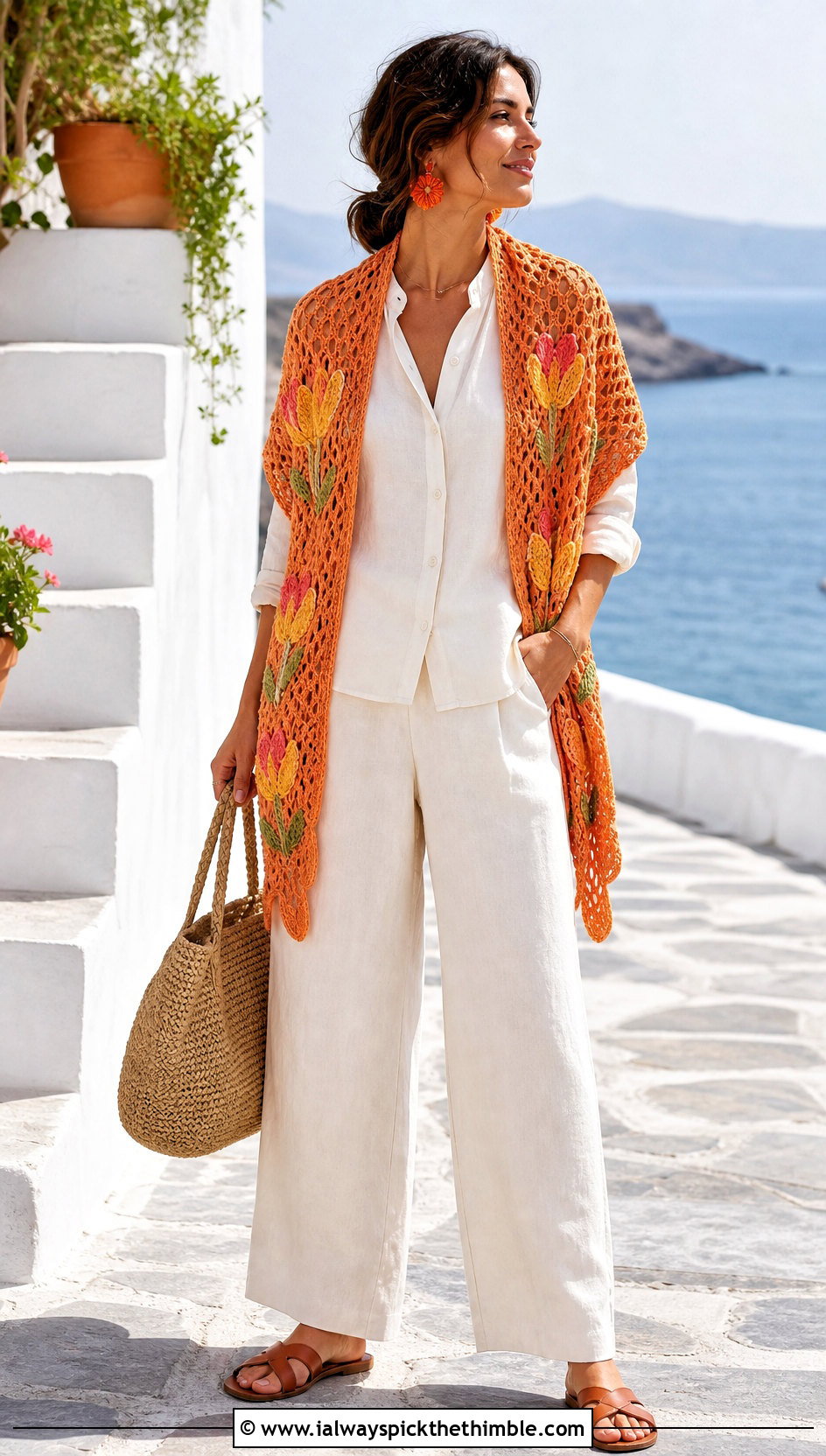 Tulip Square Crochet Shawl With Linen Shirt And Pants - 20 Square Crochet Shawl outfit ideas