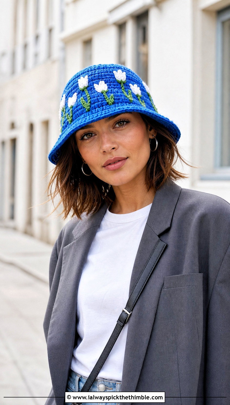 Tulip Stitch Bucket Hat With Blazer And Jeans - 20 crochet tulip hat outfit ideas