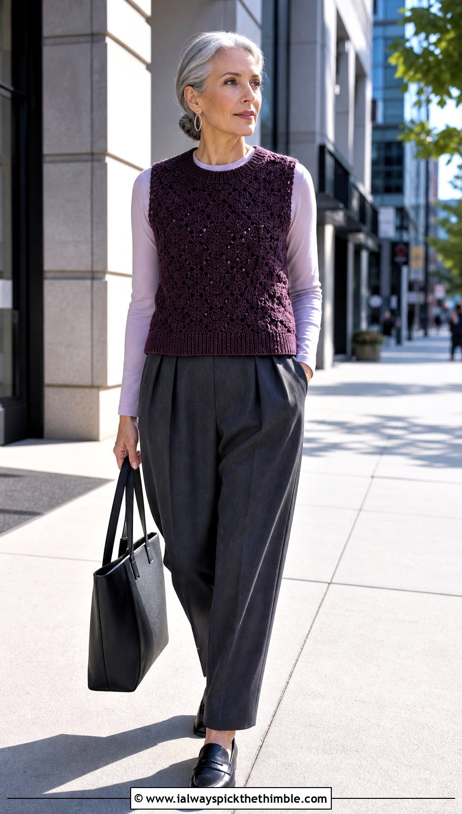 Tulip Sweater Vest Top With Pleated Trousers - 20 crochet tulip top outfit ideas