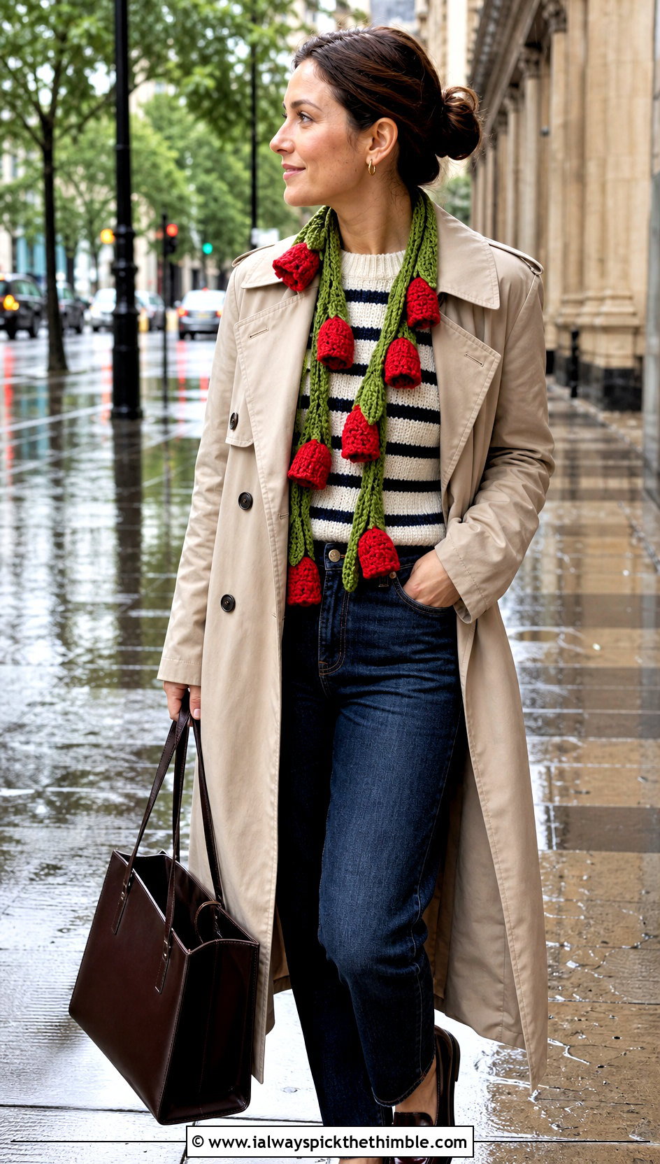 Tulip Vine Crochet Flower Scarf With Trench Coat And Loafers - 25 crochet flower scarf outfit ideas