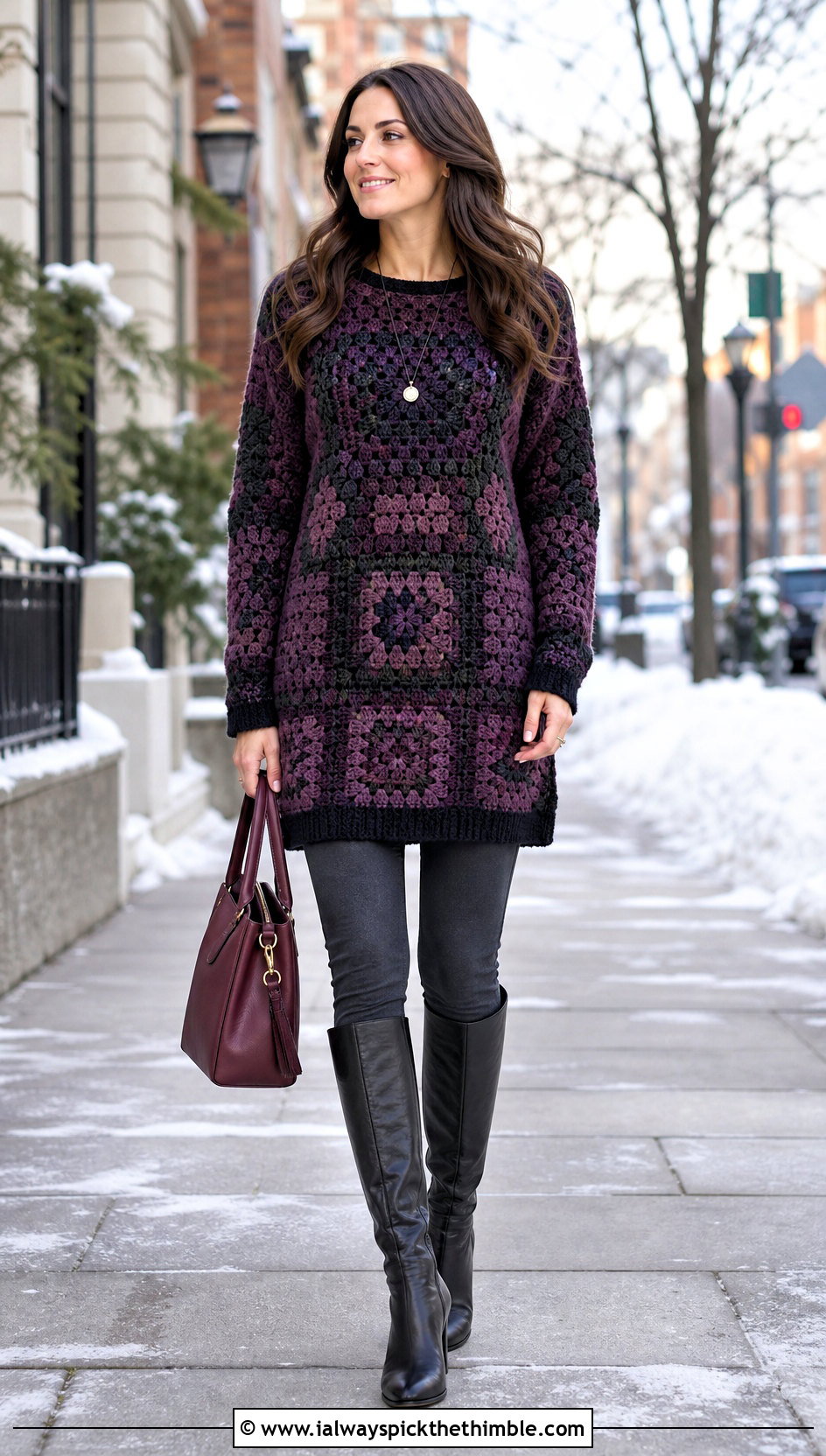 Tunic Big Granny Square Sweater With Slim Pants - 25 big granny square sweater outfit ideas