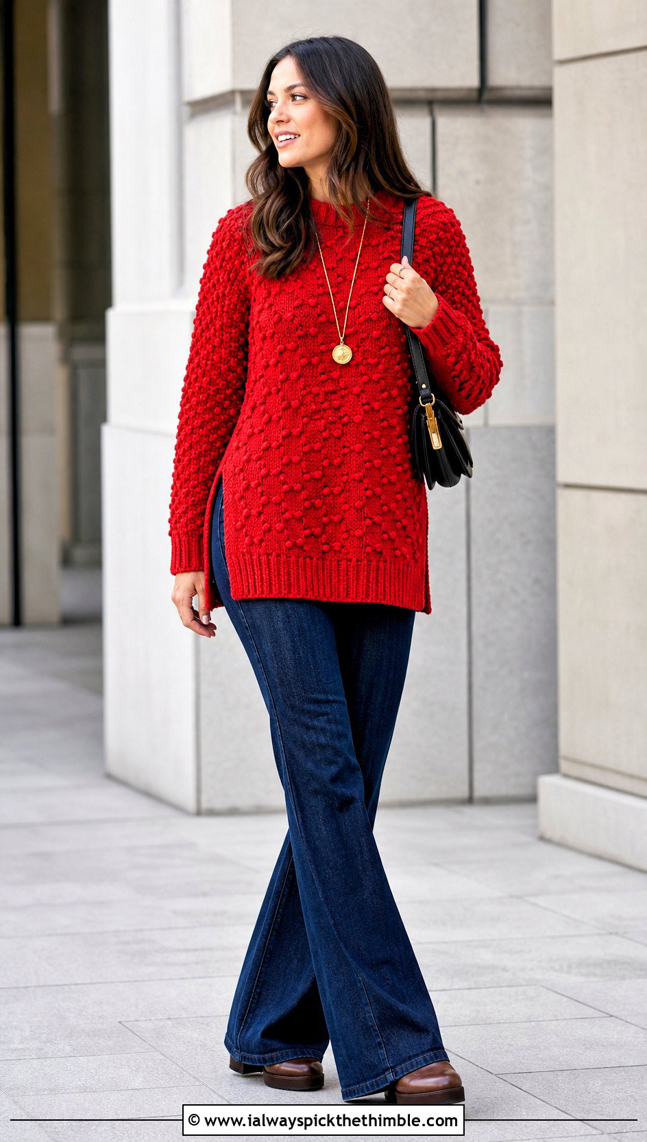 Tunic Bobble Sweater With Flared Pants - 20 crochet bobble sweater outfit ideas