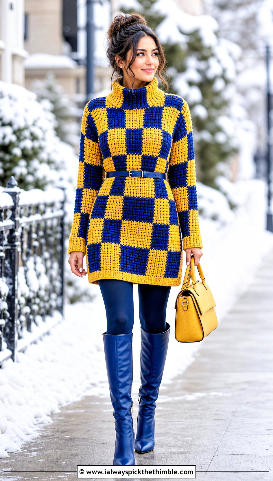 Tunic Checkered Crochet Sweater With Knee High Boots - 20 checkered crochet sweater outfit ideas