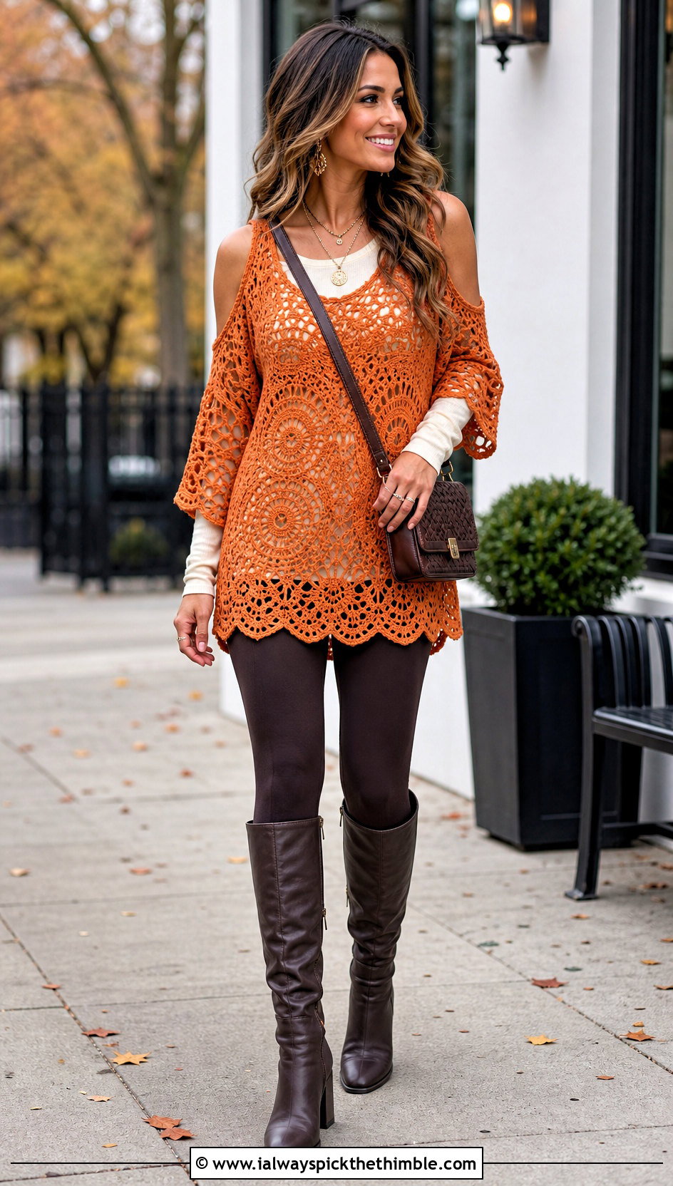 Tunic Cold Shoulder Crochet Top With Leggings And Tall Boots - 20 Cold Shoulder Crochet Top outfit ideas