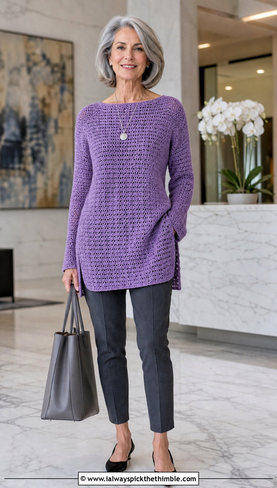 Tunic Crochet Cashmere Sweater With Slim Trousers - 20 crochet cashmere sweater outfit ideas