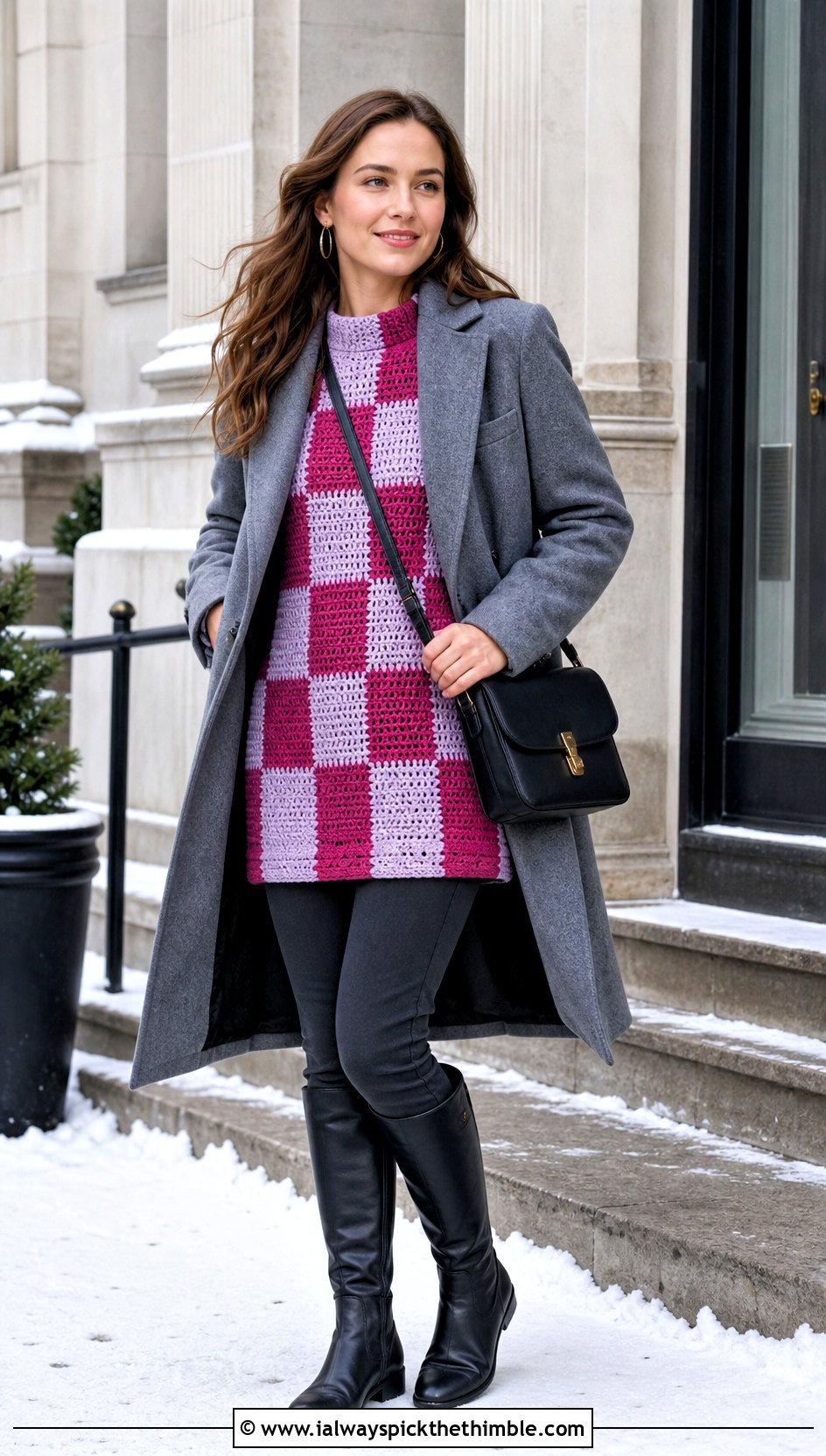 Tunic Crochet Checker Sweater With Slim Pants - 20 Crochet Checker Sweater outfit ideas