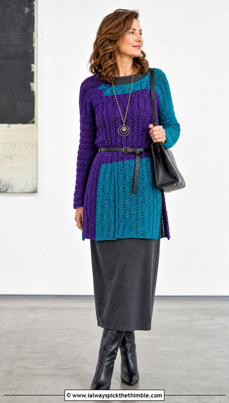 Tunic Crochet Colorblock Sweater Over a Column Maxi Dress - 20 crochet colorblock sweater outfit ideas
