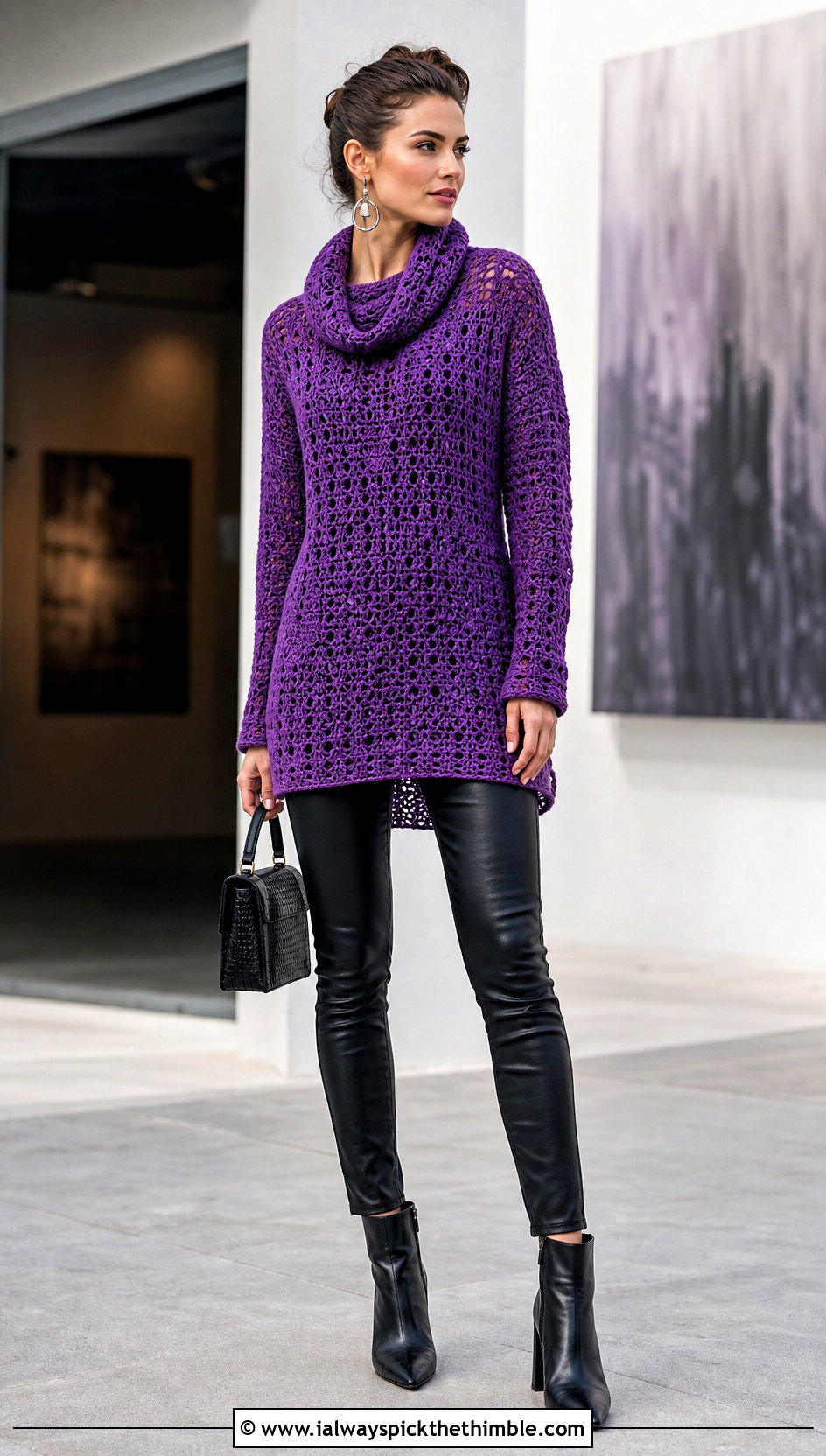 Tunic Crochet Cowl Neck Sweater With Leather Pants - 20 Crochet Cowl Neck Sweater outfit ideas