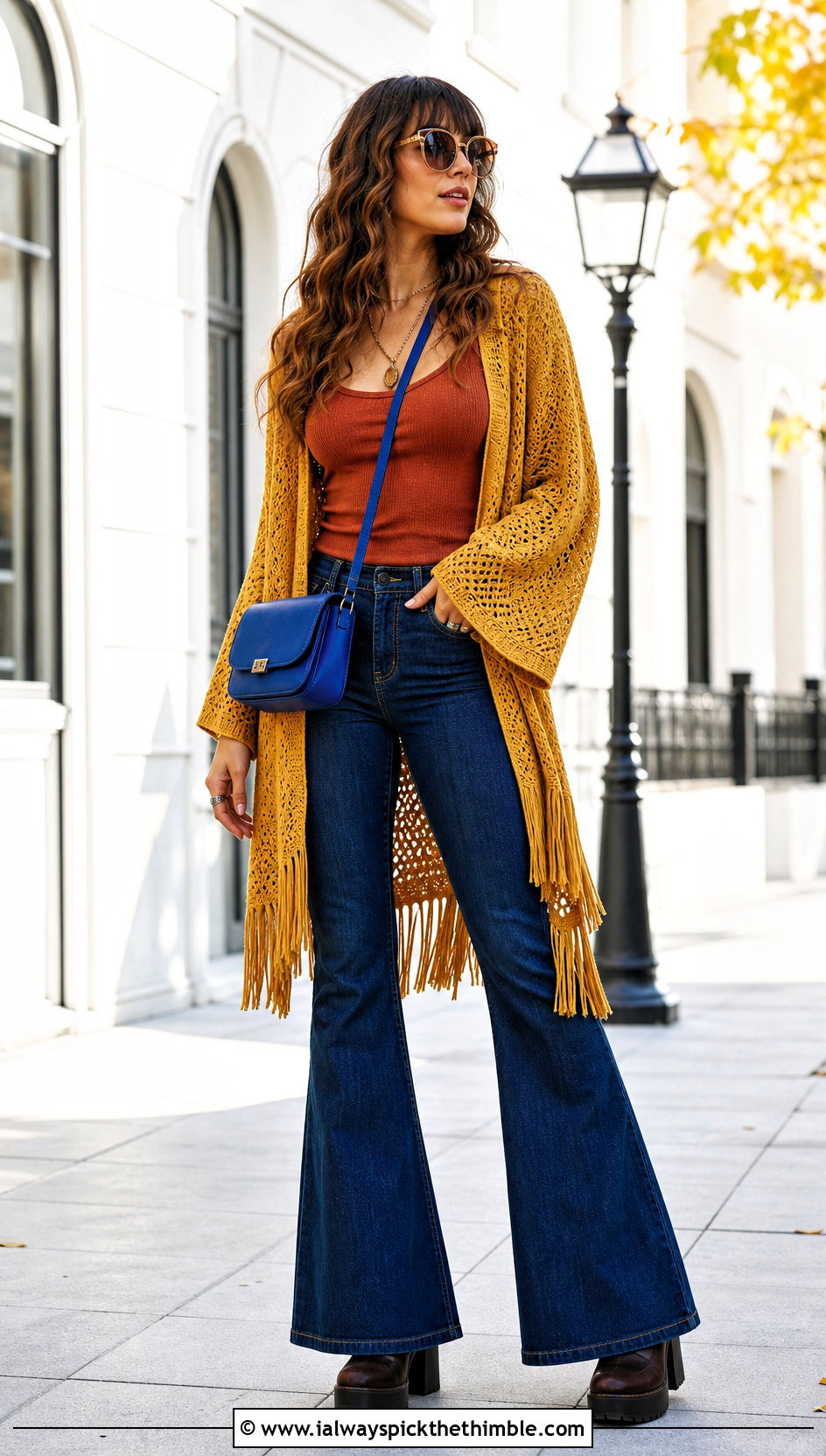 Tunic Crochet Fringe Sweater With Flared Jeans - 20 Crochet Fringe Sweater outfit ideas