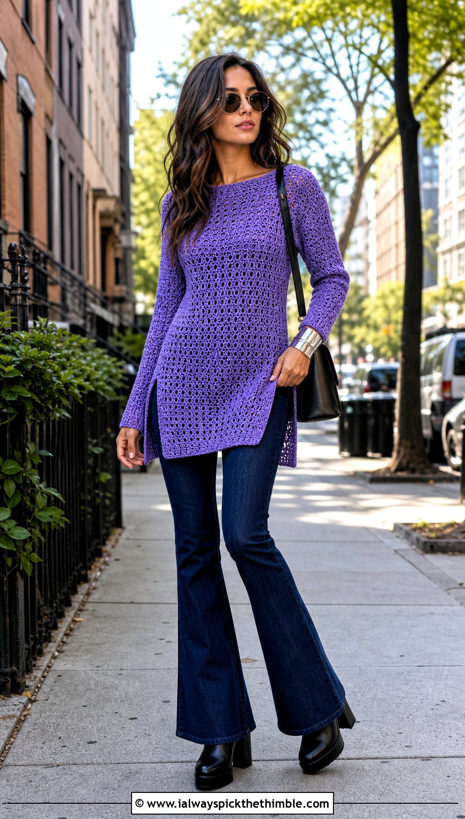 Tunic Crochet Full Sleeve Top With Flared Jeans - 25 crochet full sleeve top outfit ideas