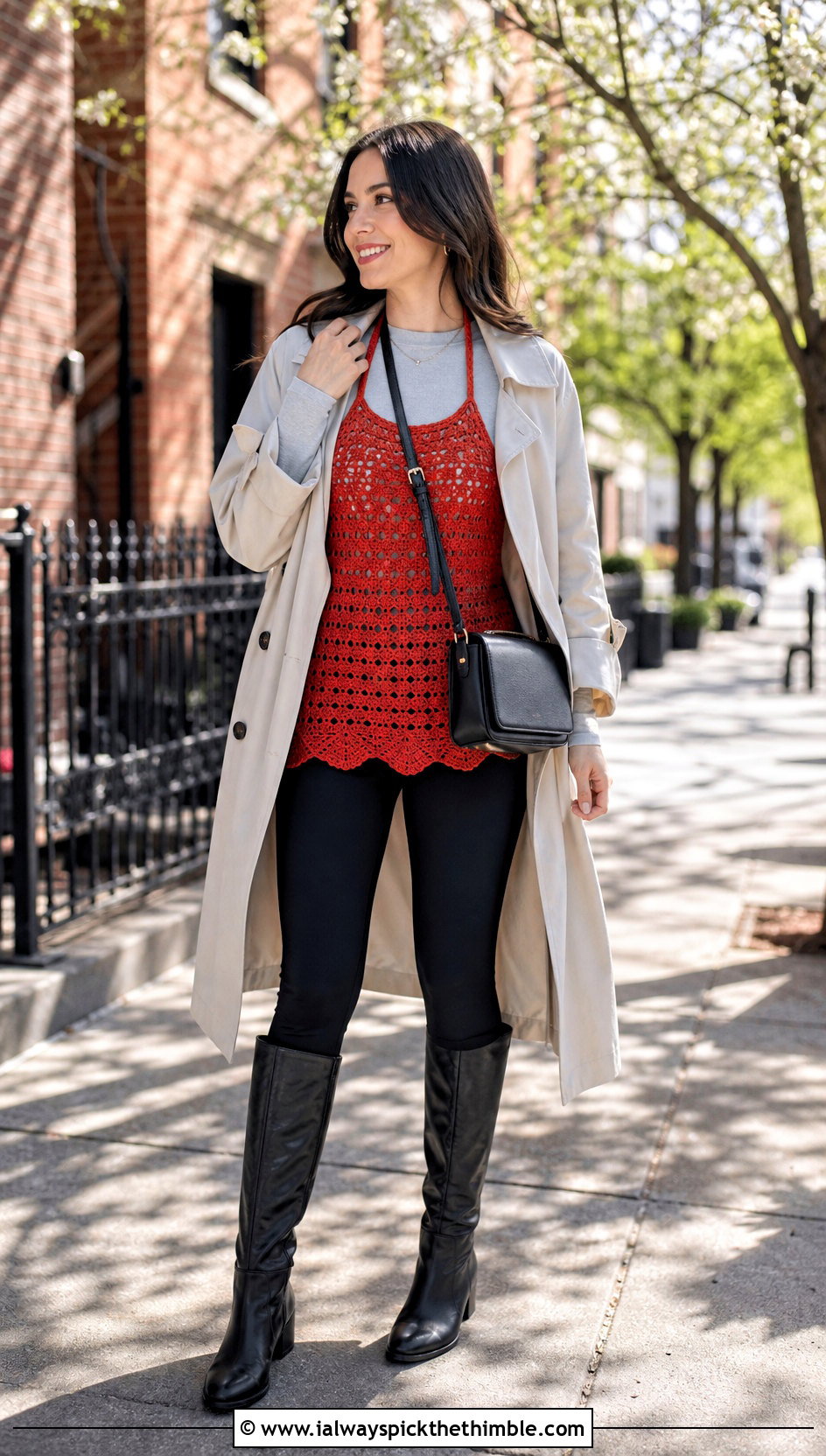 Tunic Crochet Halter Top With Leggings And Trench Coat - 20 Simple Crochet Halter Top outfit ideas
