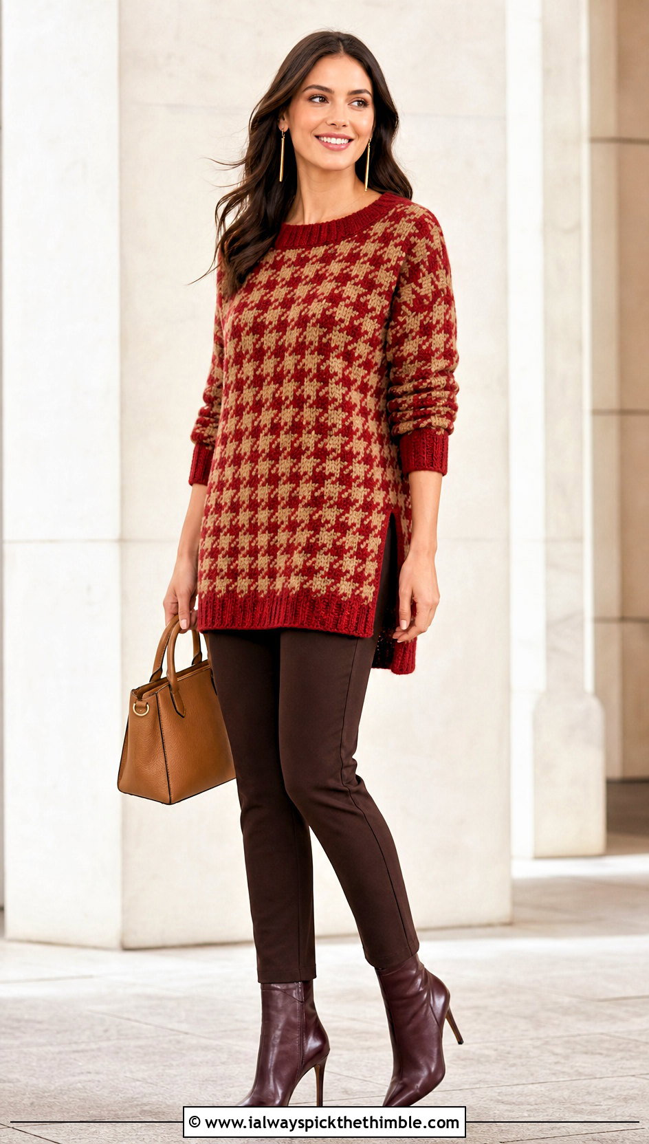 Tunic Crochet Houndstooth Sweater With Slim Pants - 25 crochet houndstooth sweater outfit ideas
