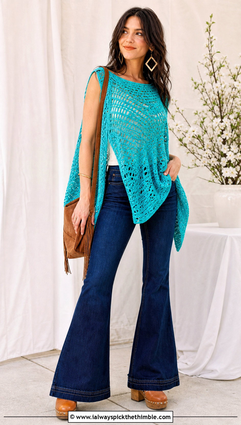 Tunic Crochet Poncho Top With Flared Jeans - 20 Crochet Poncho Top outfit ideas