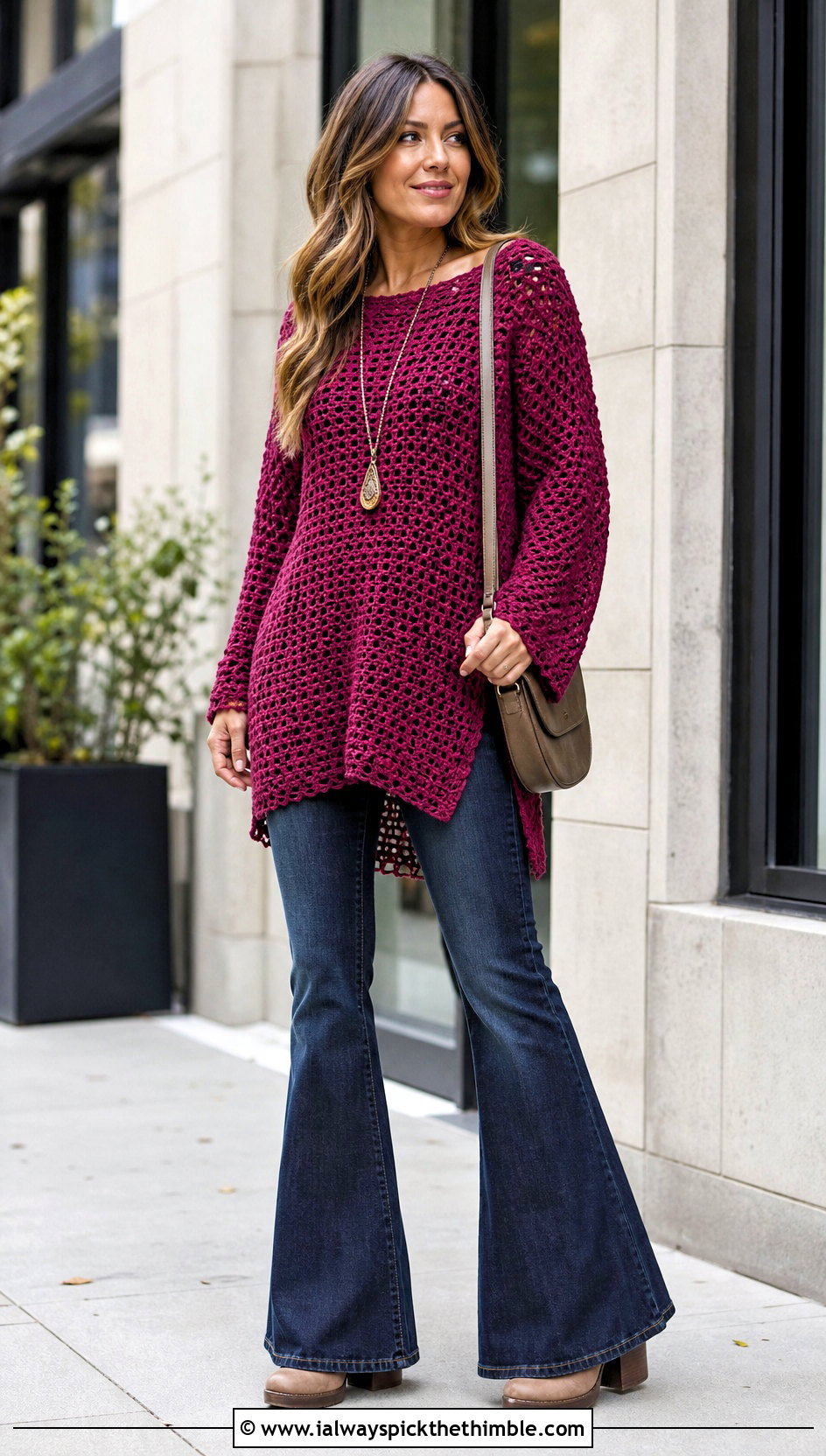 Tunic Crochet Pullover With Flared Jeans - 25 crochet pullover outfit ideas