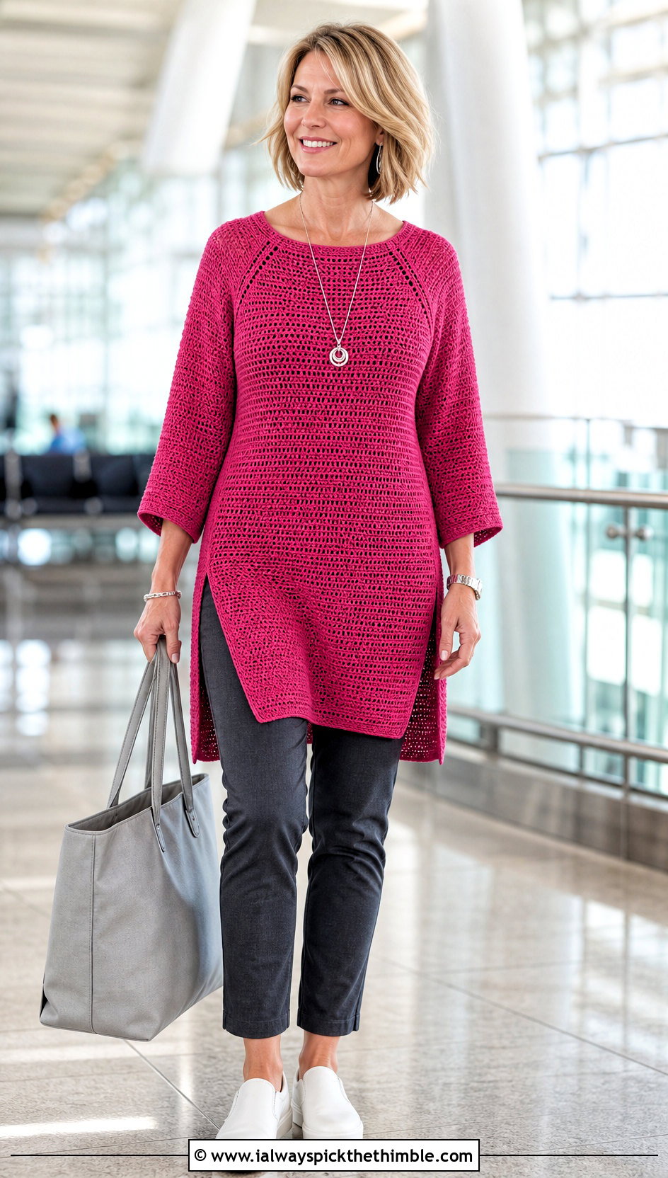 Tunic Crochet Raglan Top With Slim Ankle Pants - 20 crochet raglan top outfit ideas