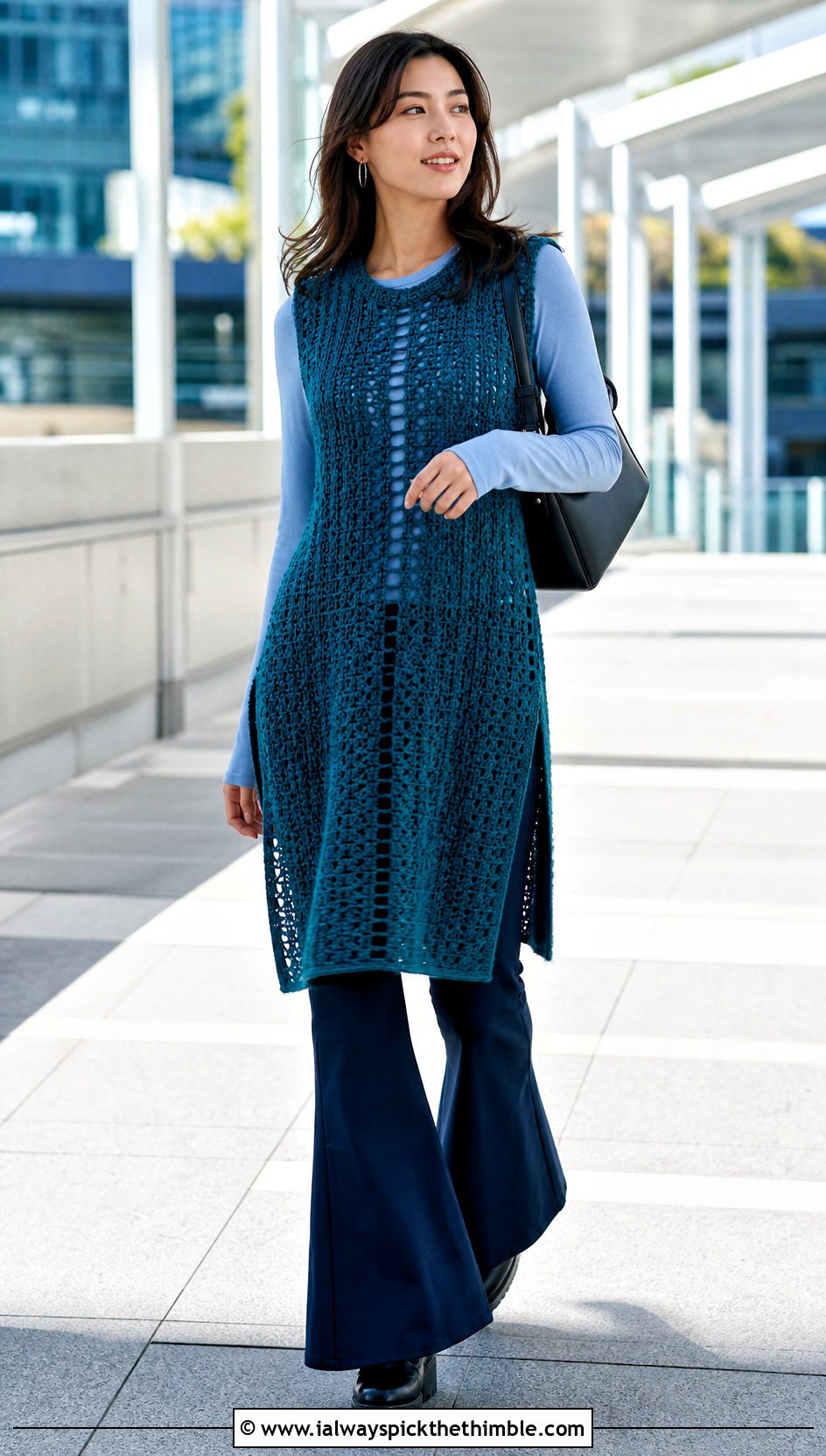 Tunic Crochet Sleeveless Vest With Flared Pants - 25 crochet sleeveless vest outfit ideas