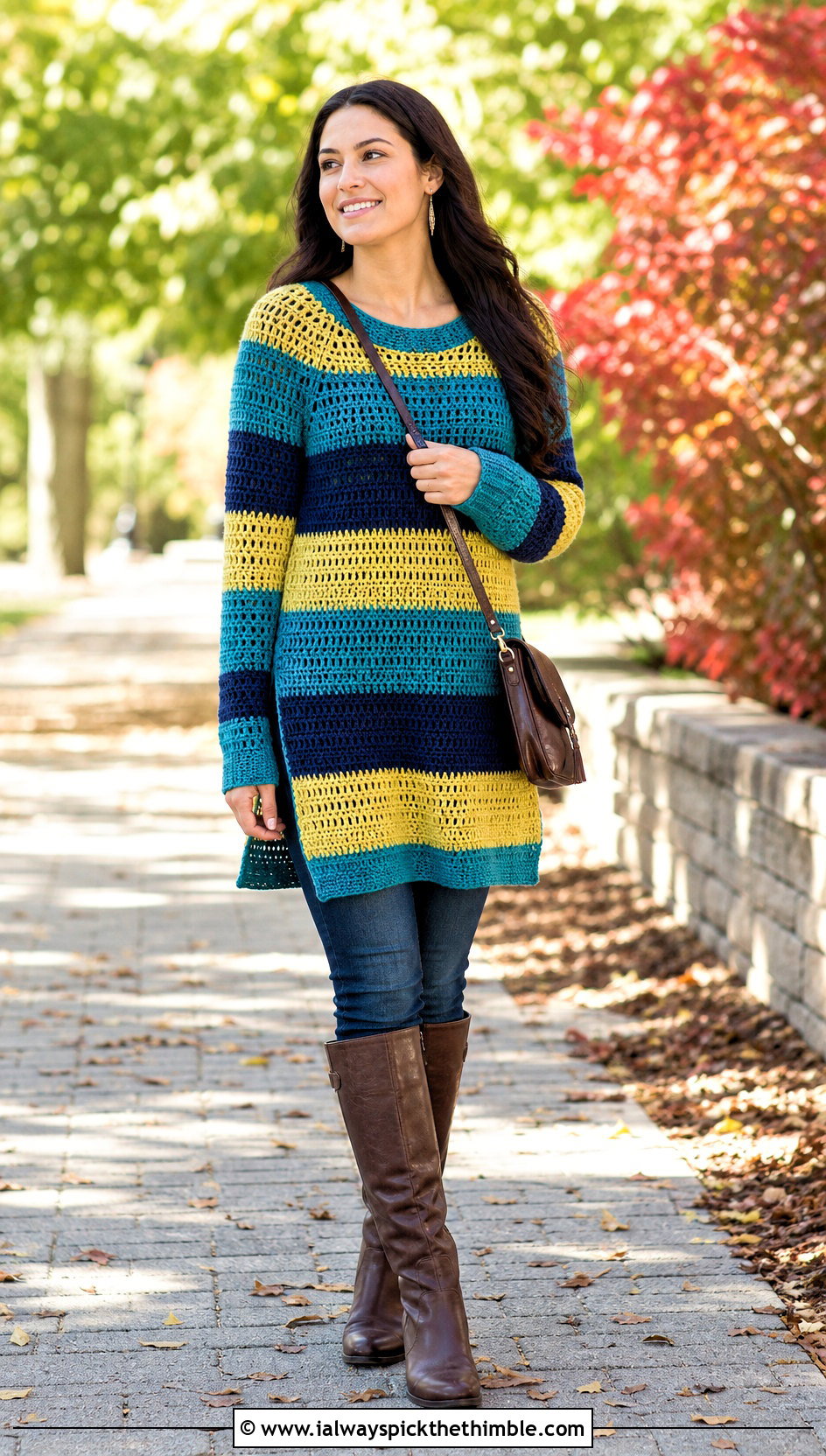 Tunic Crochet Striped Sweater With Slim Jeans - 25 crochet striped sweater outfit ideas