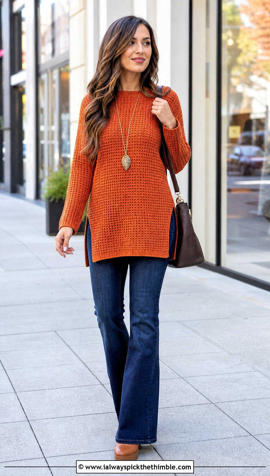 Tunic Crochet Sweater With Flared Jeans - 15 Crochet Comfy Sweater outfit ideas