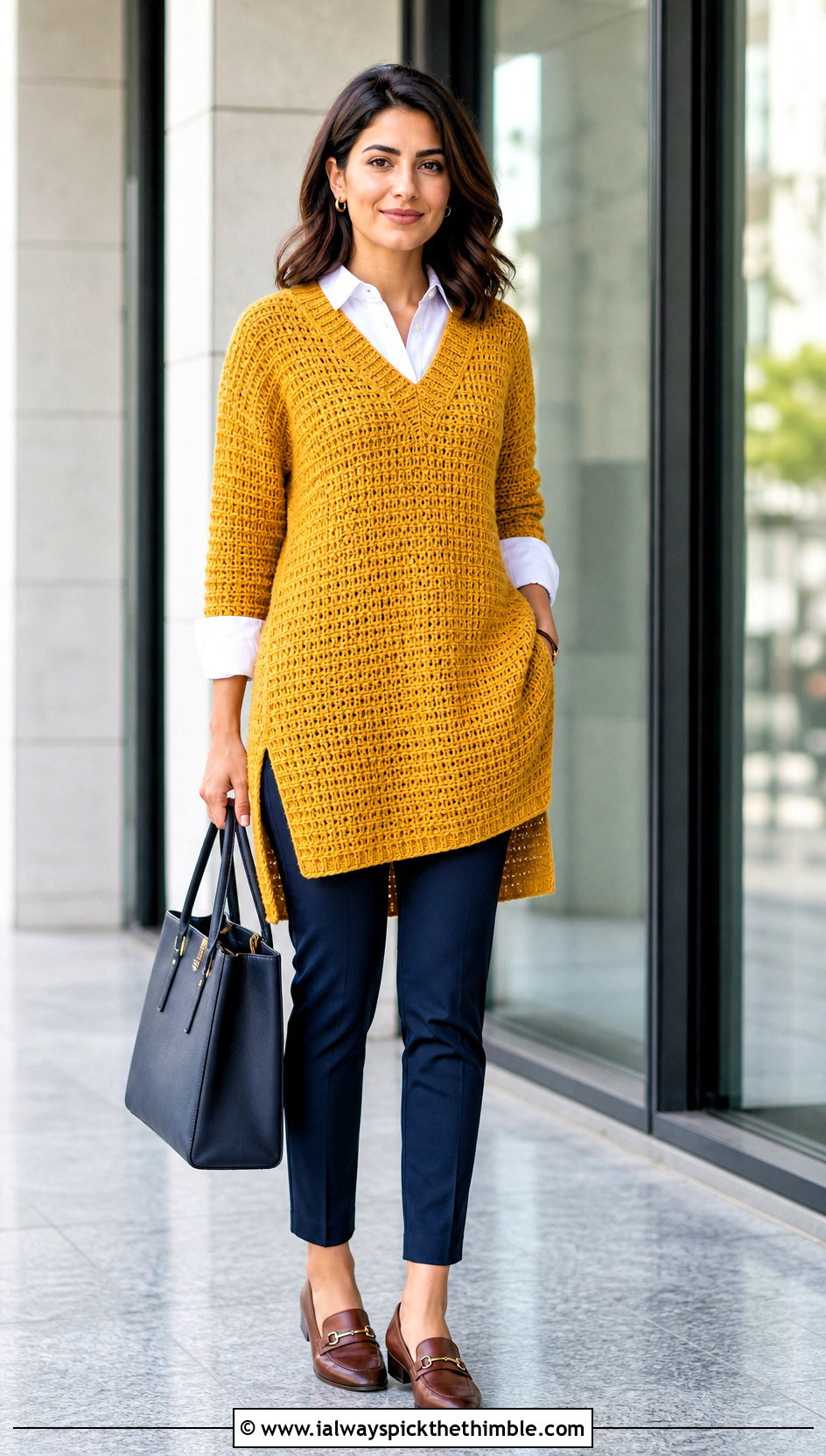 Tunic Crochet V Neck Sweater With Slim Trousers And Loafers - 20 Crochet Vneck Sweater outfit ideas