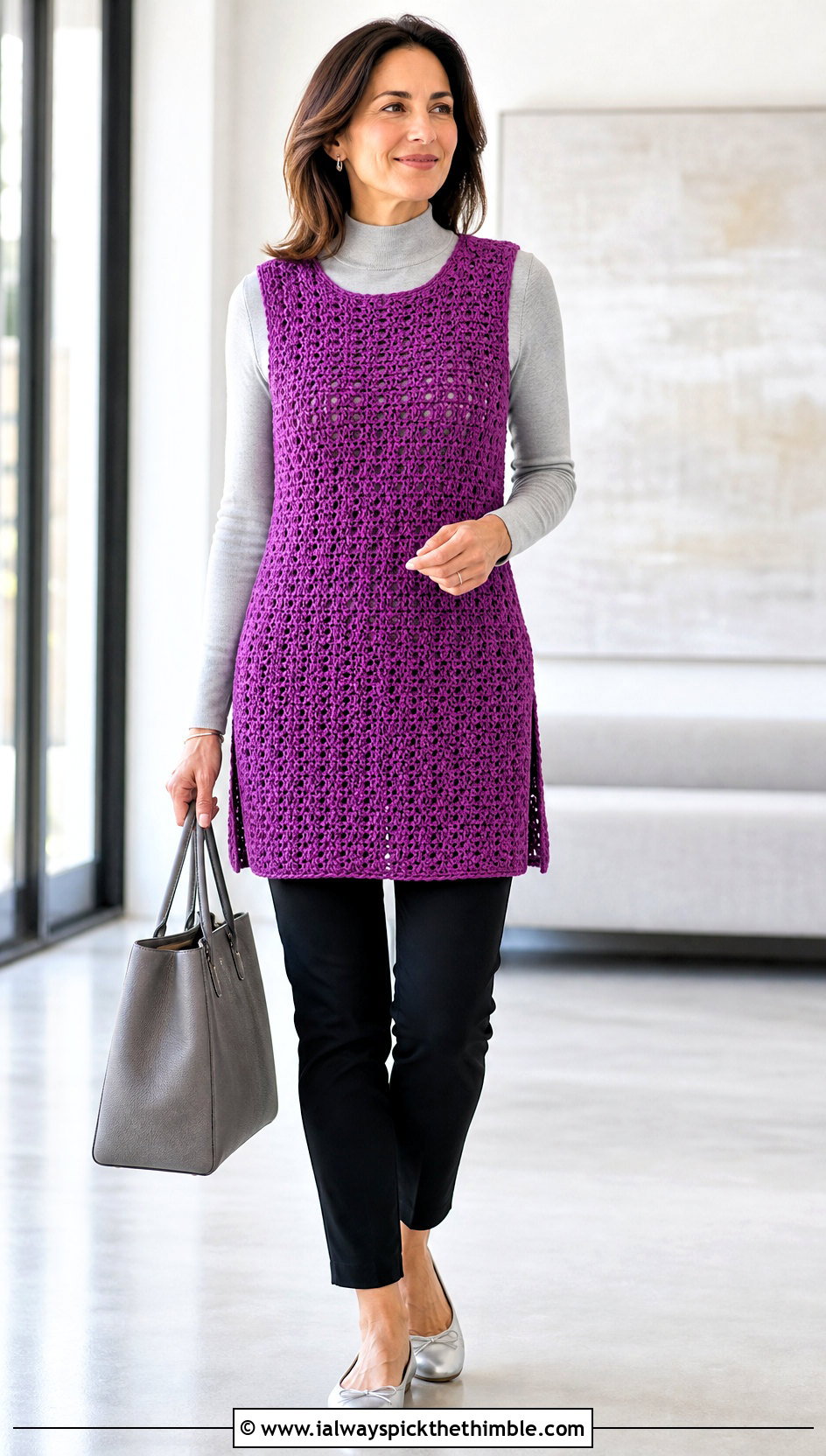 Tunic Crochet Vest With Slim Pants - 20 beginner crochet vest outfit ideas