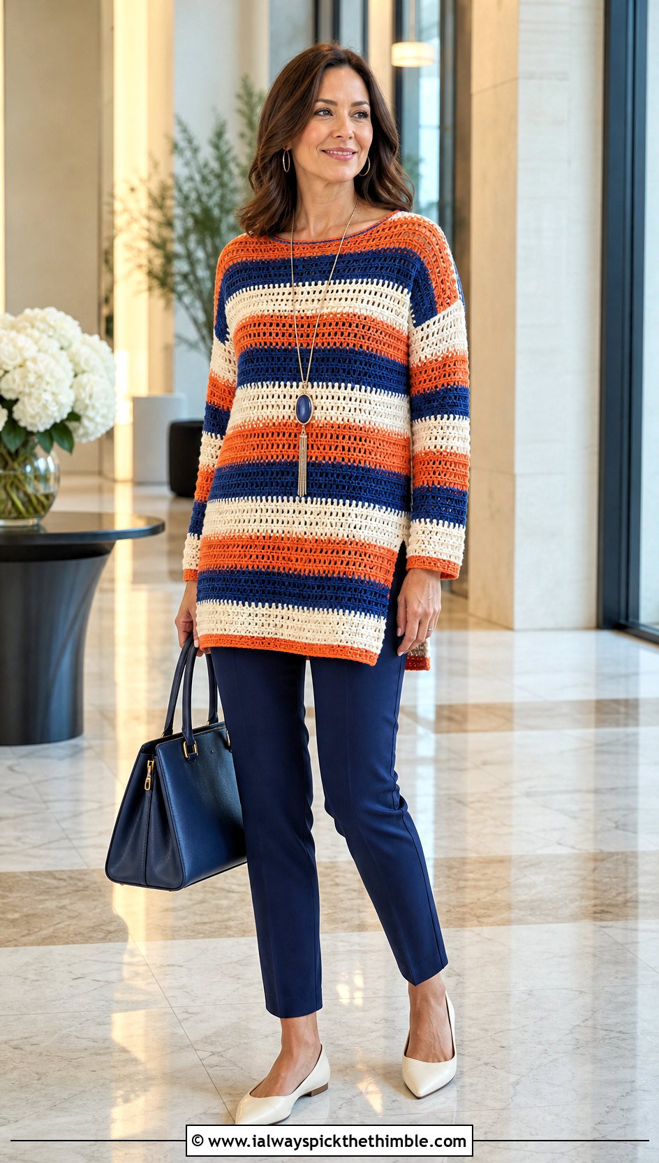 Tunic Crocheted Striped Sweater With Slim Tailored Pants - 20 Crocheted Striped Sweater outfit ideas