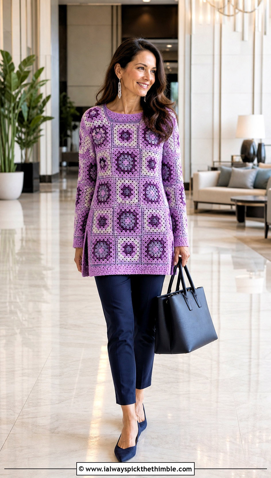 Tunic Granny Square Crochet Long Sleeve Top With Slim Trousers - 20 Granny Square Crochet Long Sleeve Top outfit ideas