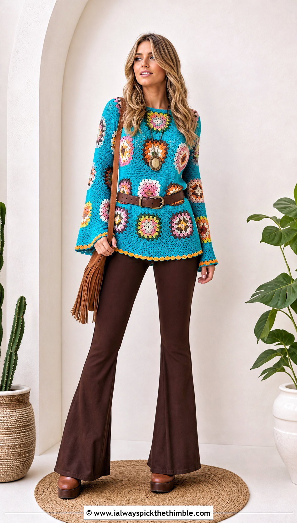 Tunic Granny Square Jumper With Flared Pants - 20 Crochet Granny Jumper outfit ideas