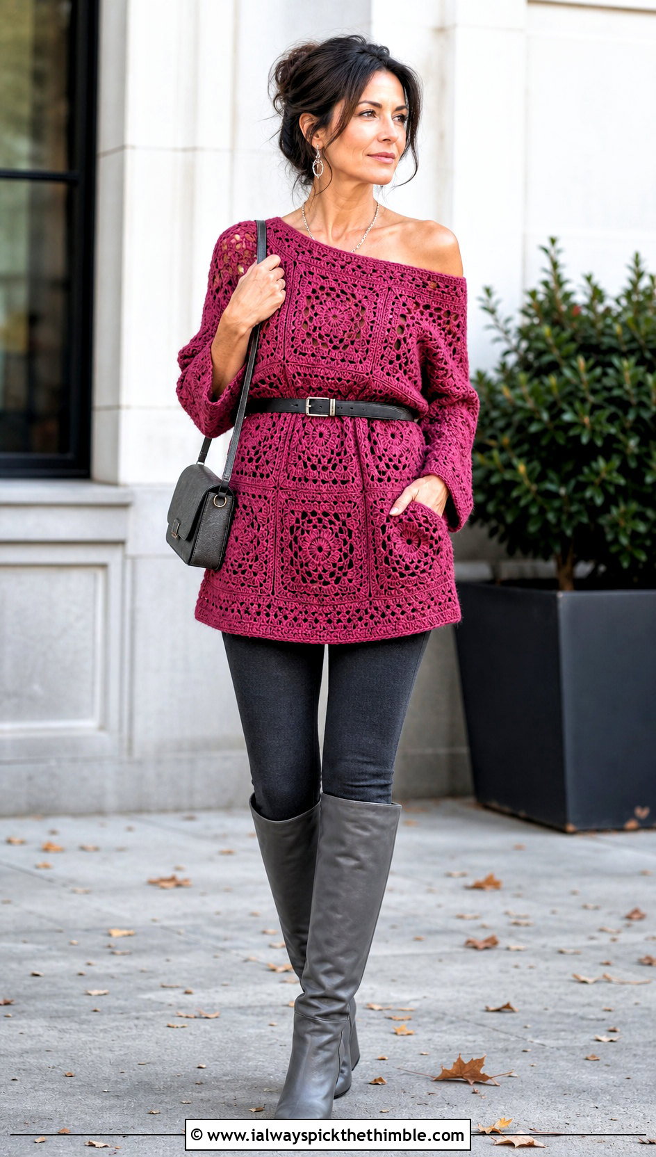 Tunic Granny Square Off The Shoulder Top With Leggings And Boots - 15 Crochet Off The Shoulder Granny Square Top outfit ideas
