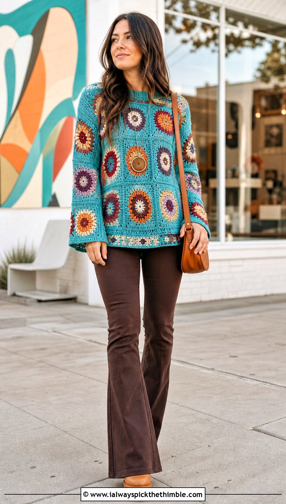 Tunic Granny Square Sweater With Flared Pants - 20 Granny Squares Sweater outfit ideas