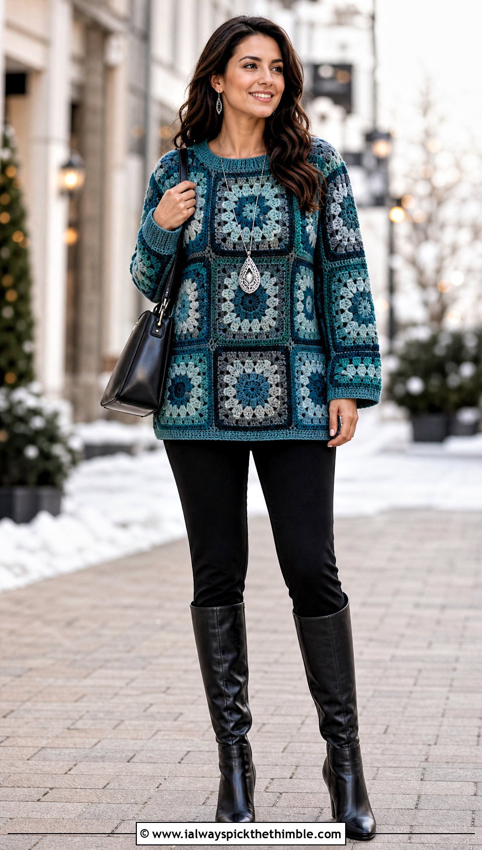 Tunic Large Granny Square Sweater With Tall Boots - 25 large granny square sweater outfit ideas