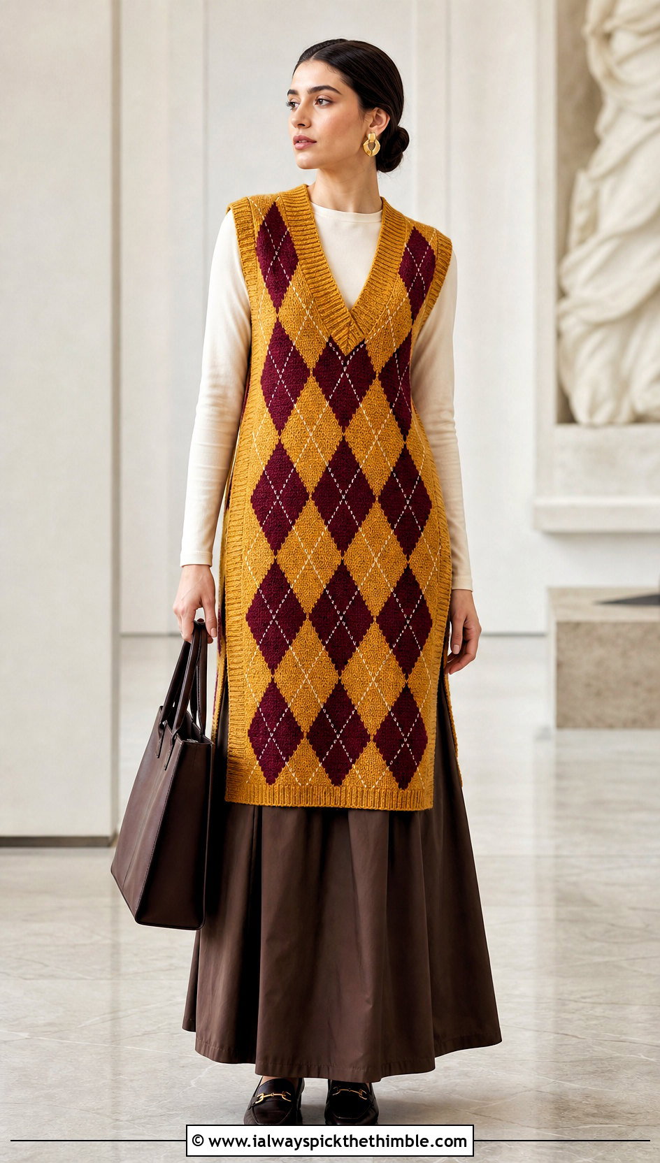 Tunic Length Argyle Crochet Sweater Vest With Poplin Maxi Skirt - 20 Argyle Crochet Sweater Vest outfit ideas