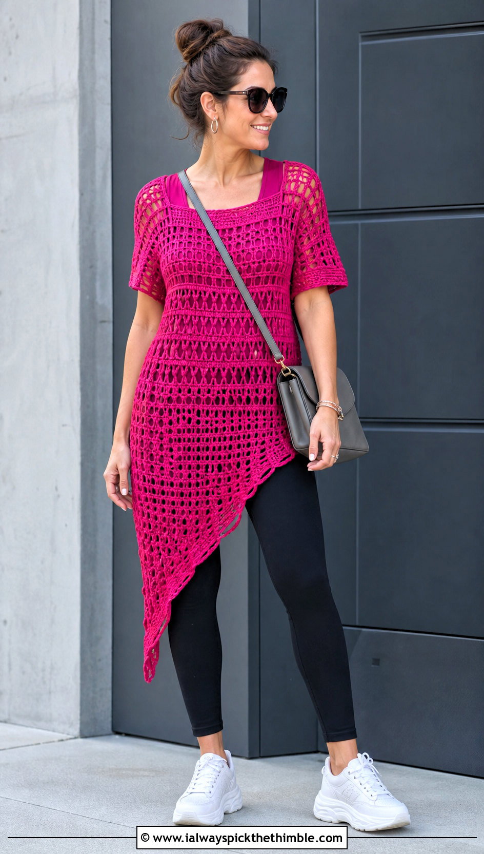 Tunic Length Asymmetrical Crochet Top With Leggings - 20 crochet assymetrical top outfit ideas