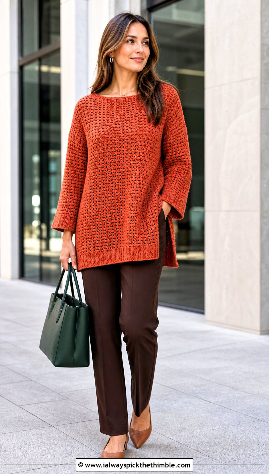 Tunic Length Crochet Boxy Sweater With Slim Trousers - 20 Crochet Boxy Sweater outfit ideas