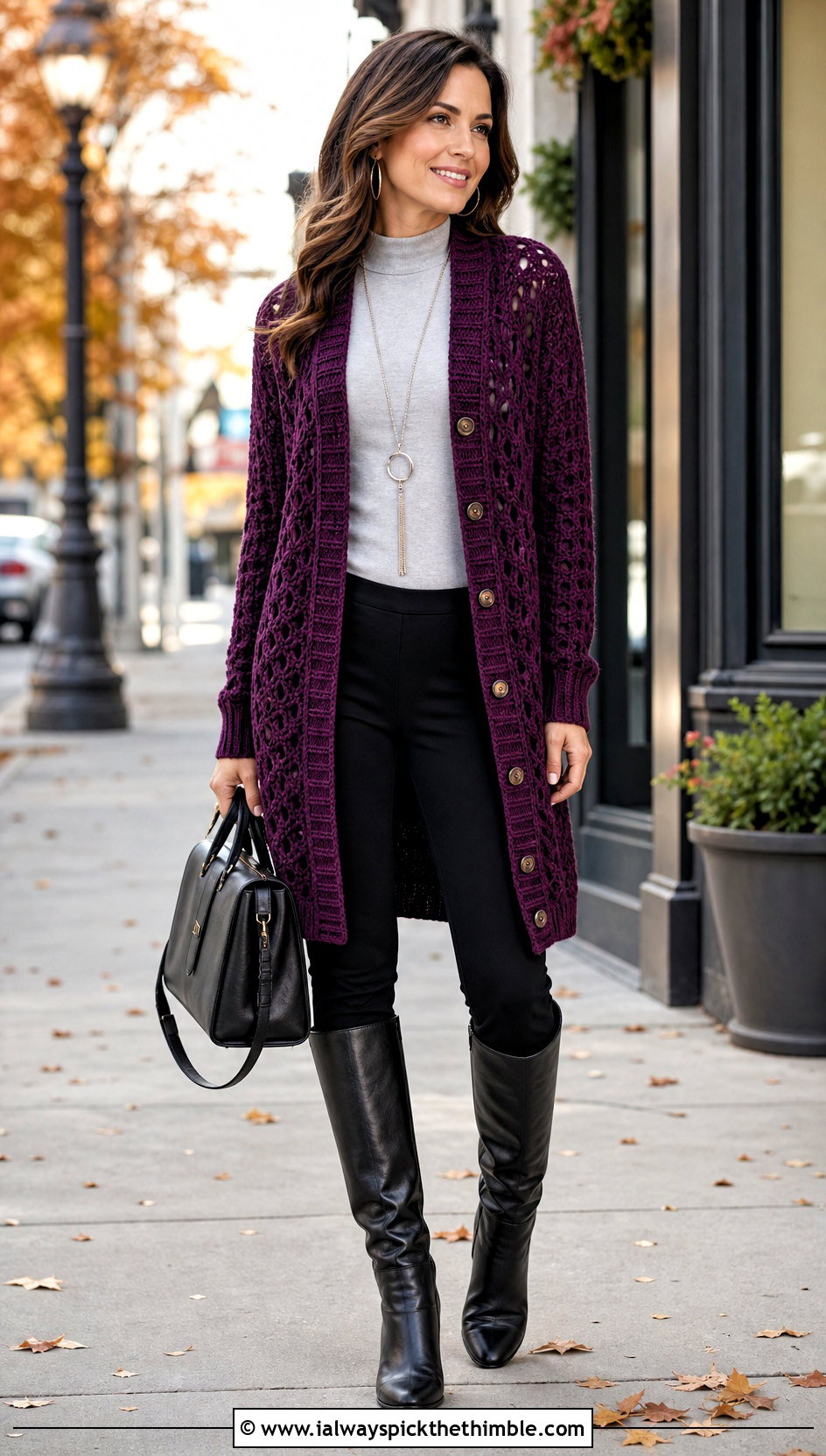 Tunic Length Crochet Button Sweater With Slim Pants - 20 Crochet Button Sweater outfit ideas